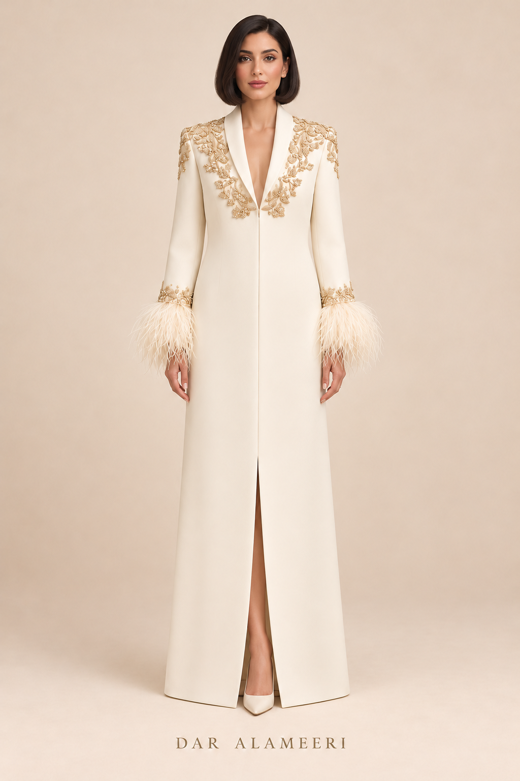 فستان أوف وايت بتفاصيل ذهبية وريش | Off-White Dress with Gold Detailing & Feathers