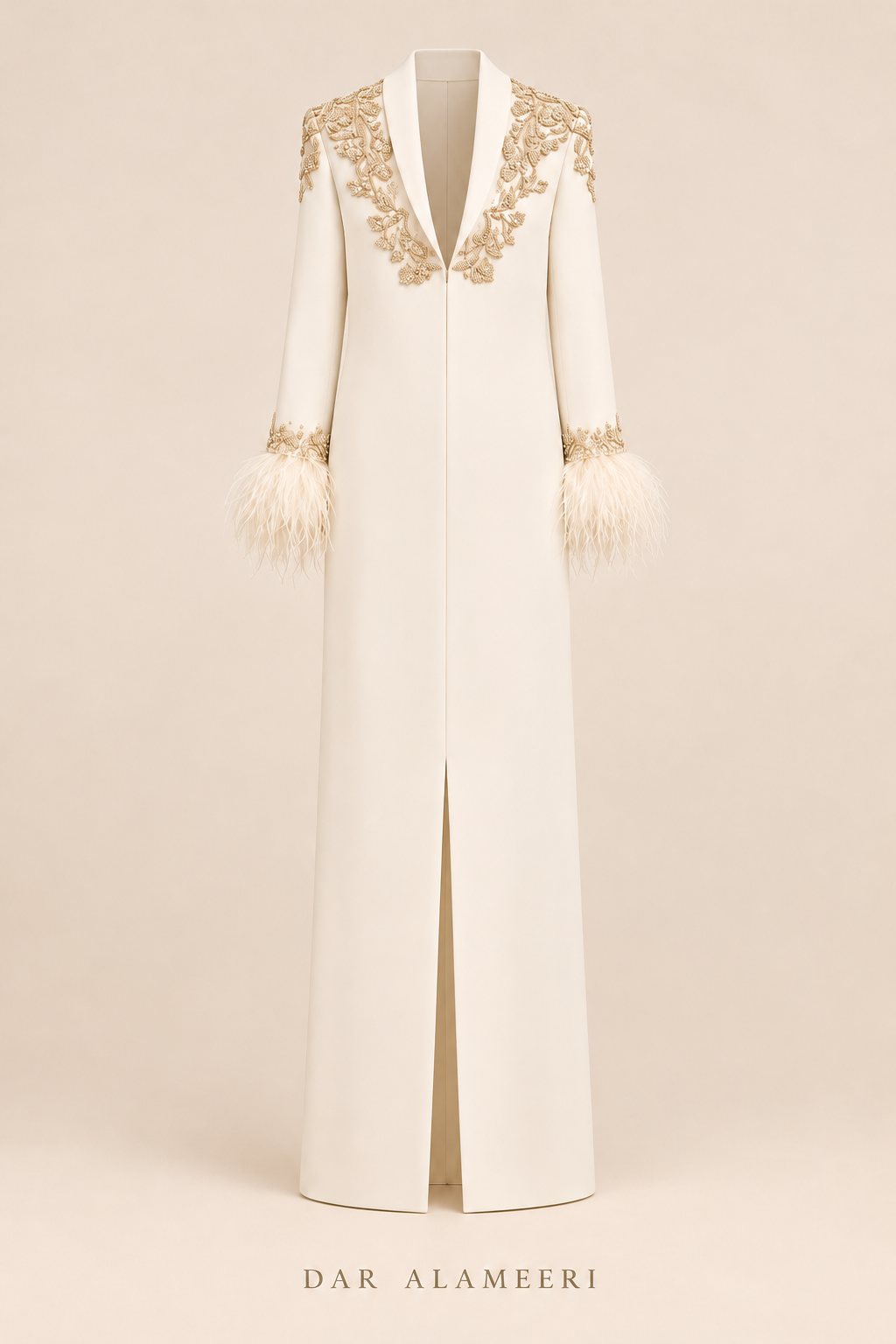 فستان أوف وايت بتفاصيل ذهبية وريش | Off-White Dress with Gold Detailing & Feathers